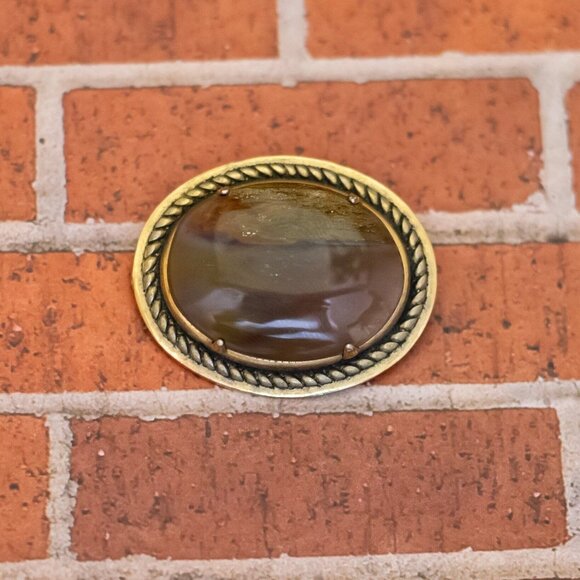 Vintage Art Deco Oval Round Stone Gold Tone Brooch - W26 - Picture 1 of 2